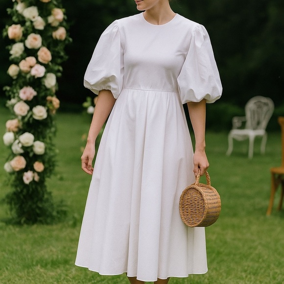 ROKSANDA White Cotton Poplin Midi Dress Puff Sleeve Boho Cottage US 10 UK 14 NWT - Picture 2 of 16